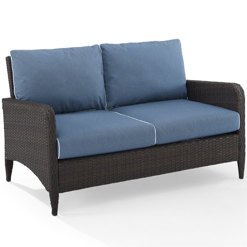 Afuera Living Transitional Outdoor Patio Wicker Loveseat in Brown/Cool Blue