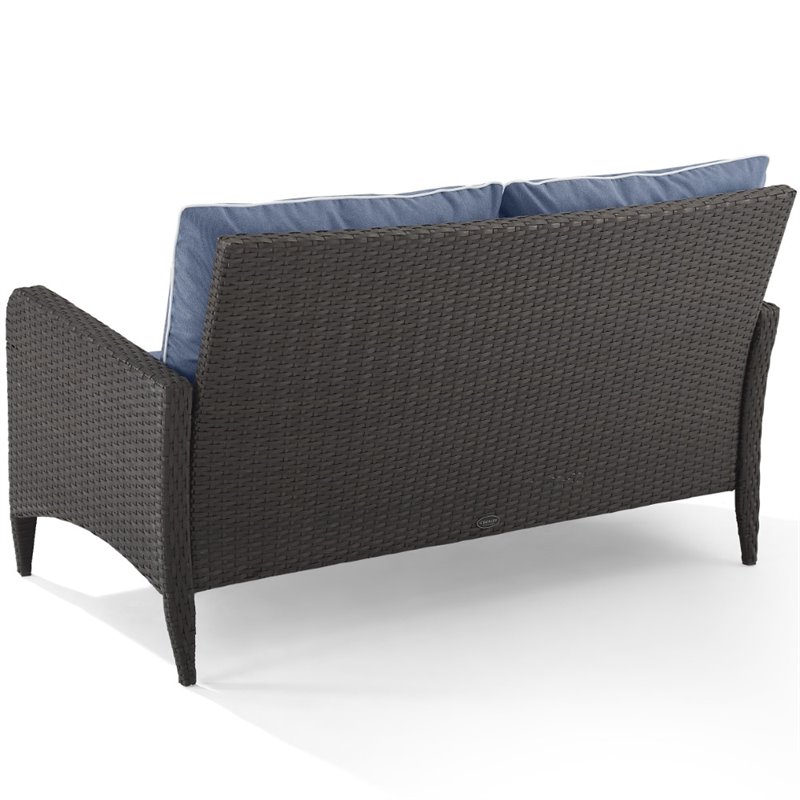Afuera Living Transitional Outdoor Patio Wicker Loveseat in Brown/Cool Blue