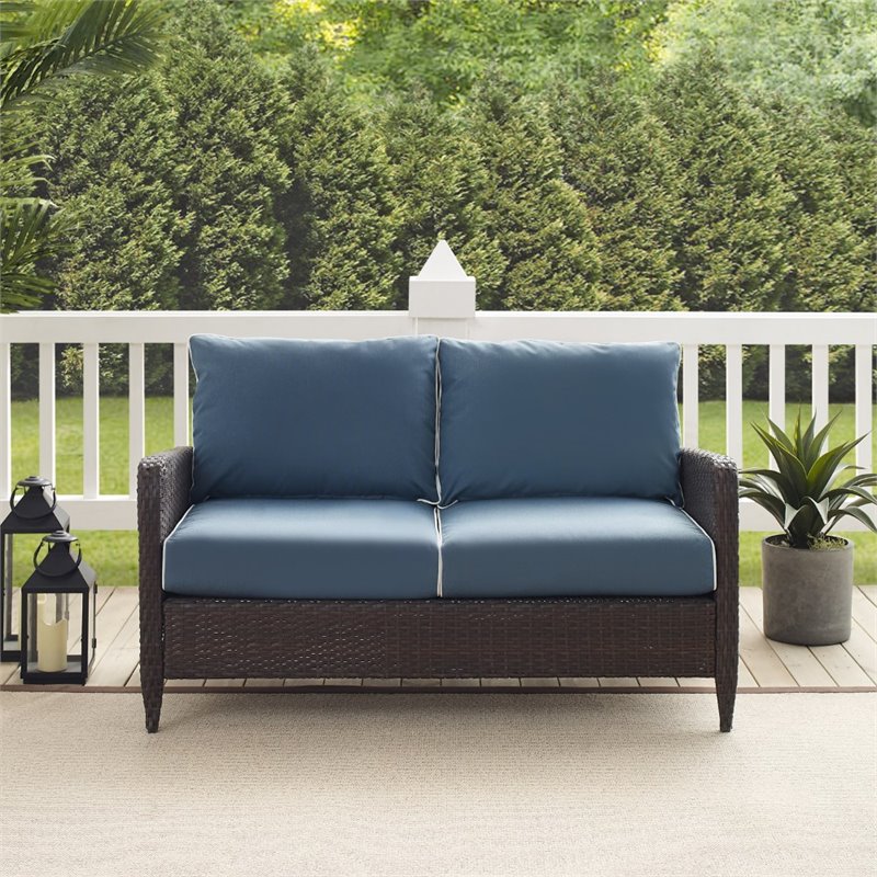 Afuera Living Transitional Outdoor Patio Wicker Loveseat in Brown/Cool Blue