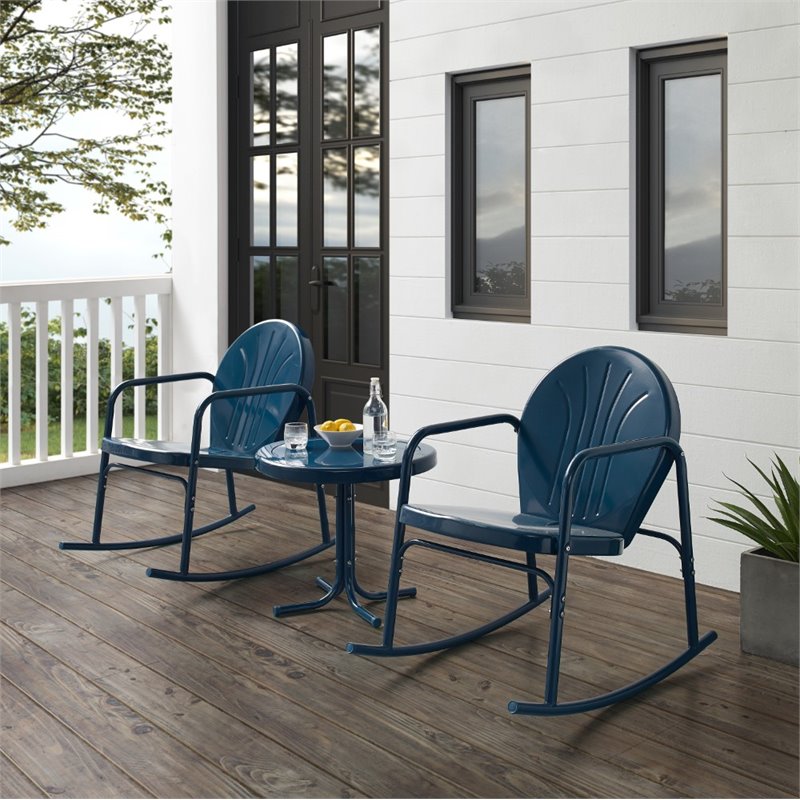 Afuera Living 3-Piece Metal Outdoor Rocking Chair Set in Navy Gloss