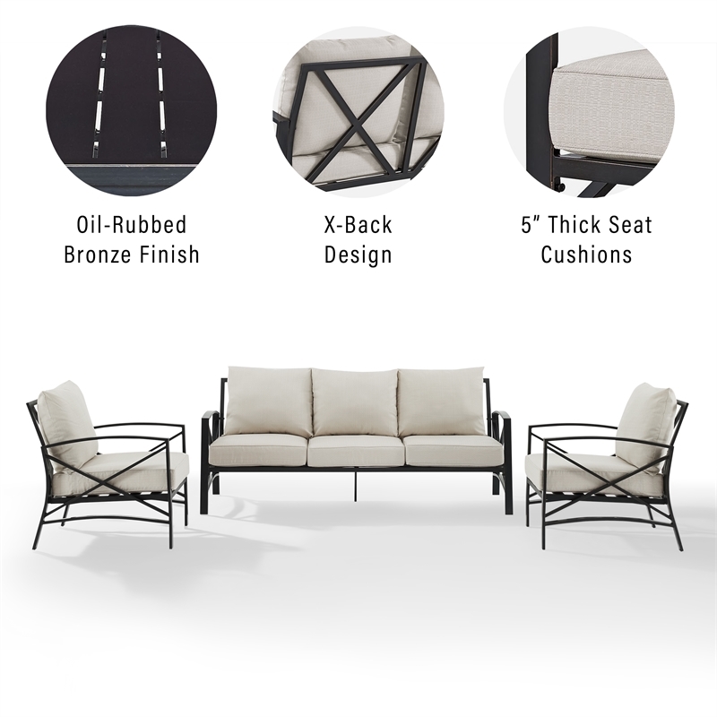 Afuera Living 3-Piece Metal Outdoor Sofa Set in Oatmeal/Oil Rubbed Bronze
