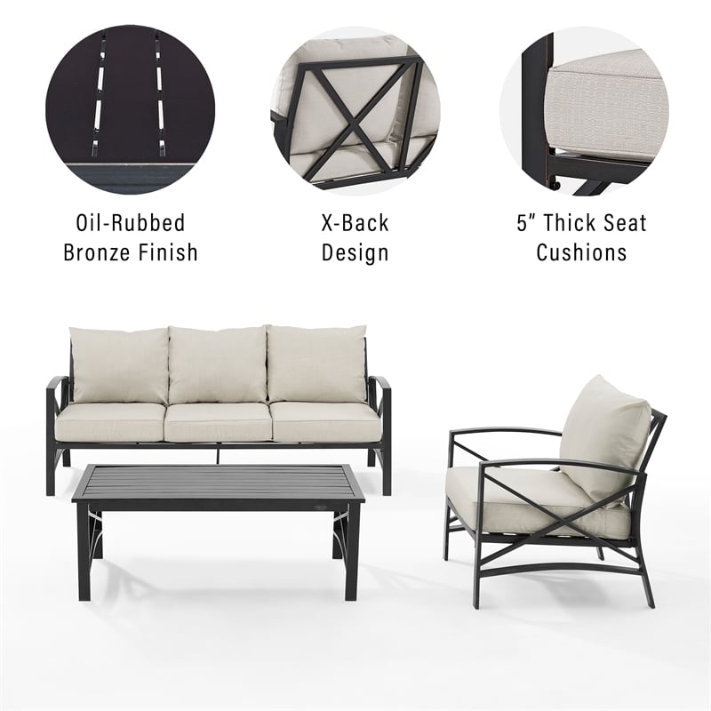 Afuera Living 3-Piece Metal Outdoor Sofa Set in Oil Rubbed Bronze/Oatmeal