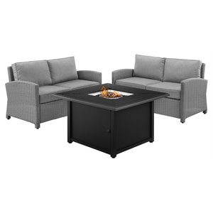 afuera living transitional 3 piece wicker loveseat set with fire table in gray