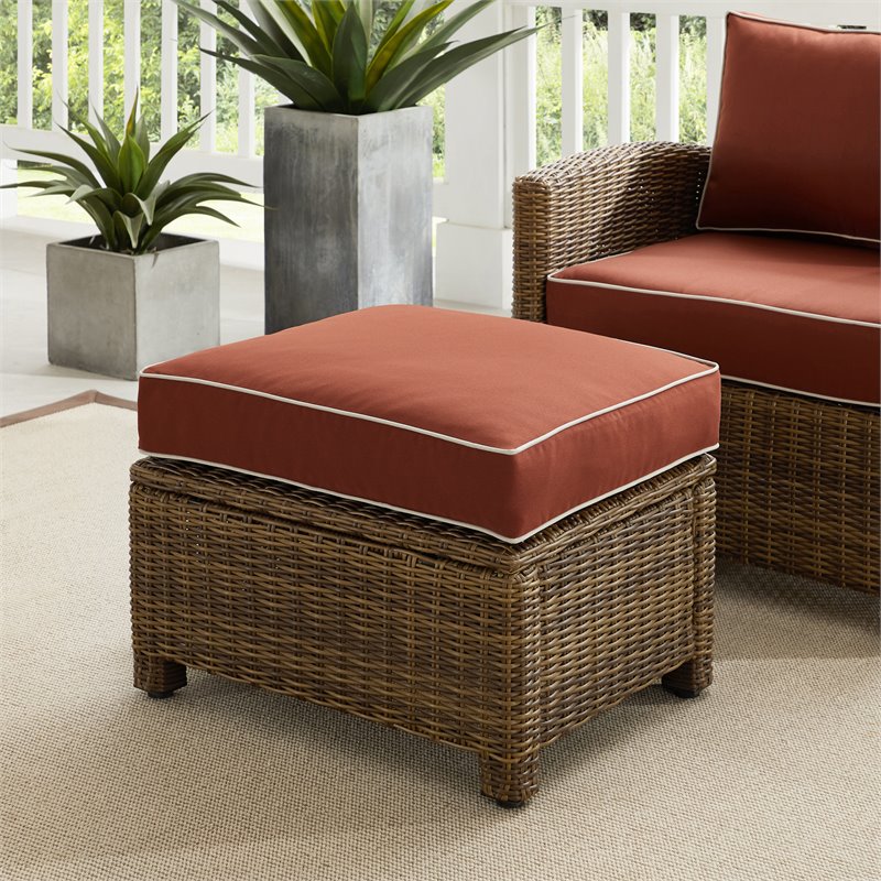 Afuera Living Wicker / Rattan & Fabric Outdoor Ottoman in Sangria Red/Brown