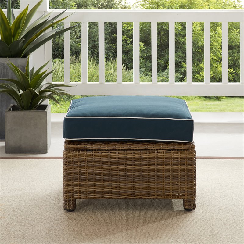 Afuera Living Wicker / Rattan & Fabric Outdoor Ottoman in Navy/Weathered Brown