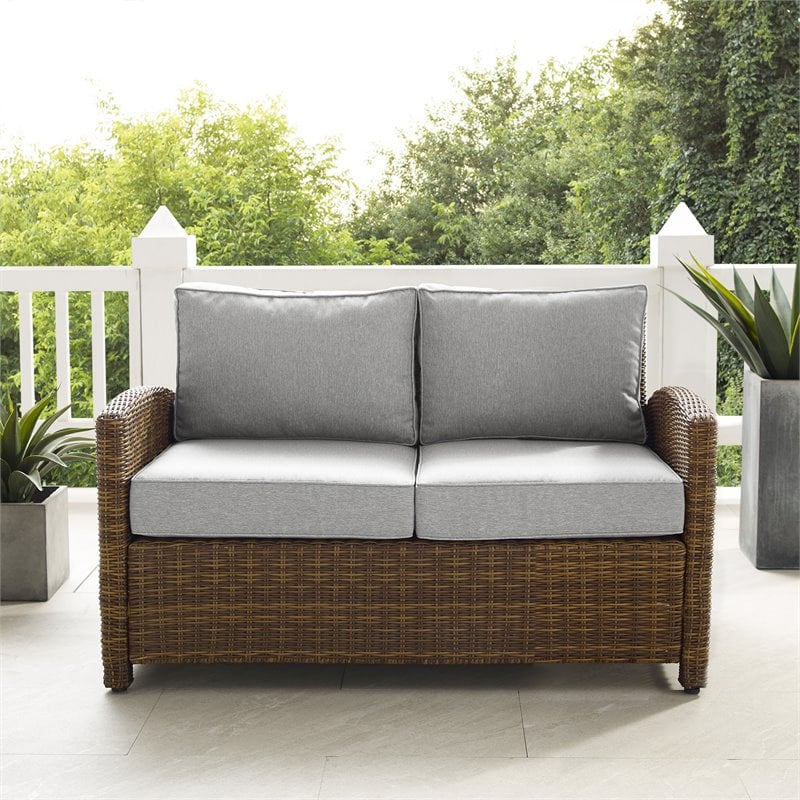 Afuera Living Wicker / Rattan & Fabric Patio Loveseat in Weathered Brown/Gray