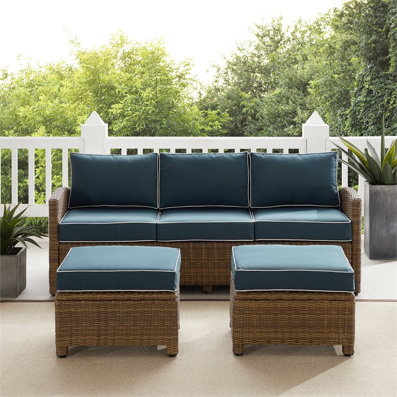 Afuera Living 3-Piece Wicker / Rattan Outdoor Sofa Set in Navy/Weathered Brown