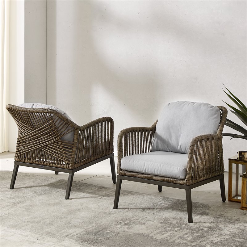 Afuera Living Transitional 2Pc Outdoor Wicker Armchair Set in Gray & Brown