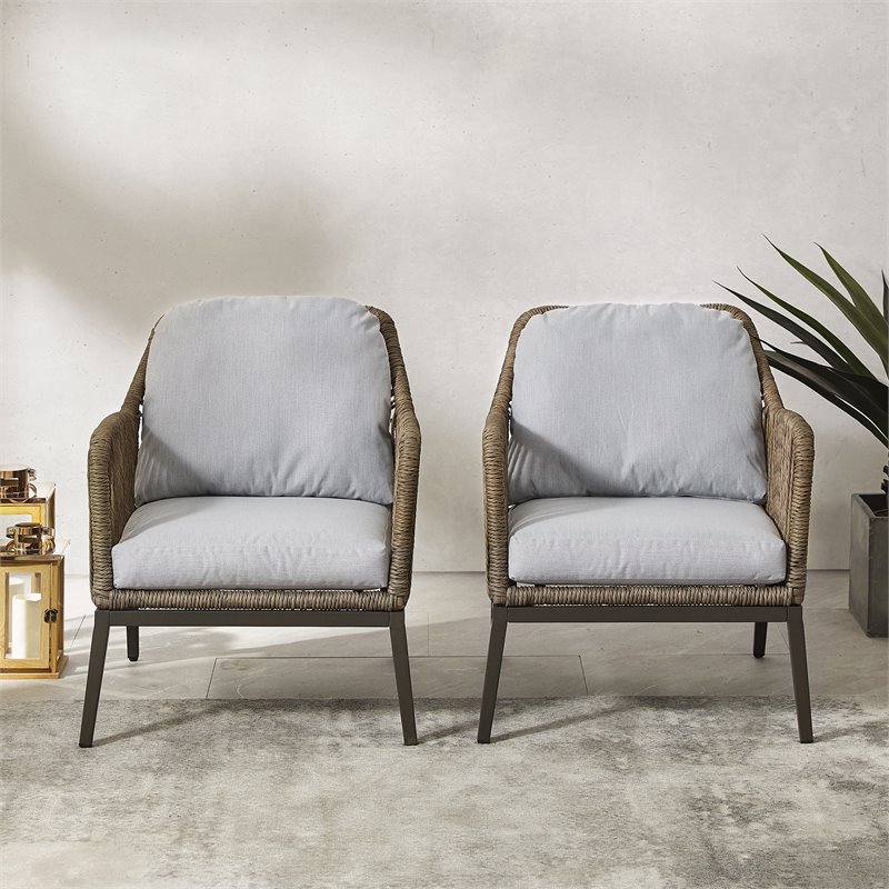 Afuera Living Transitional 2Pc Outdoor Wicker Armchair Set in Gray & Brown