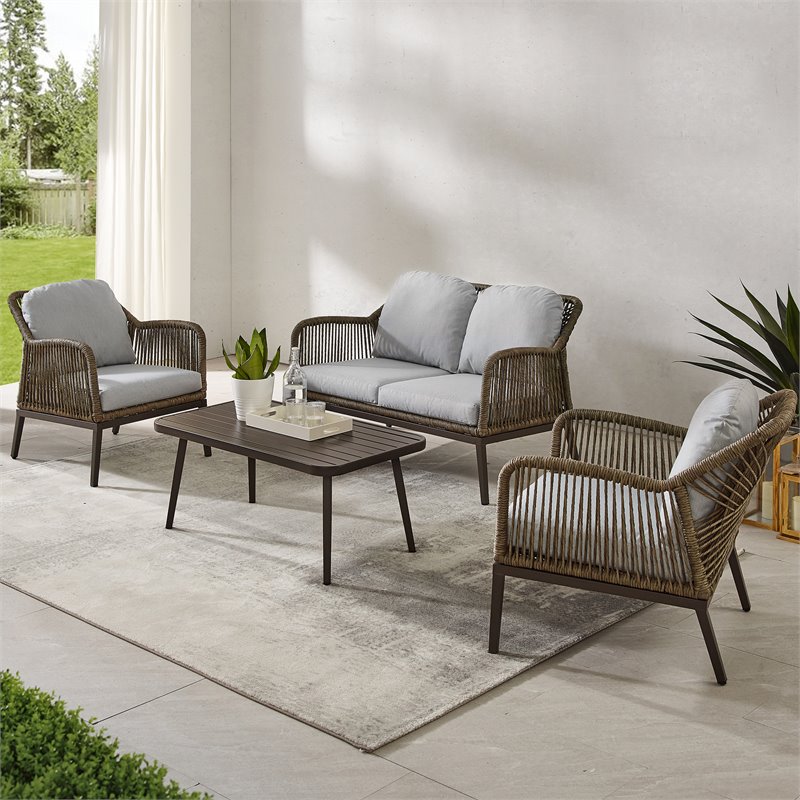 Afuera Living Transitional 4Pc Outdoor Wicker Conversation Set in Gray & Brown