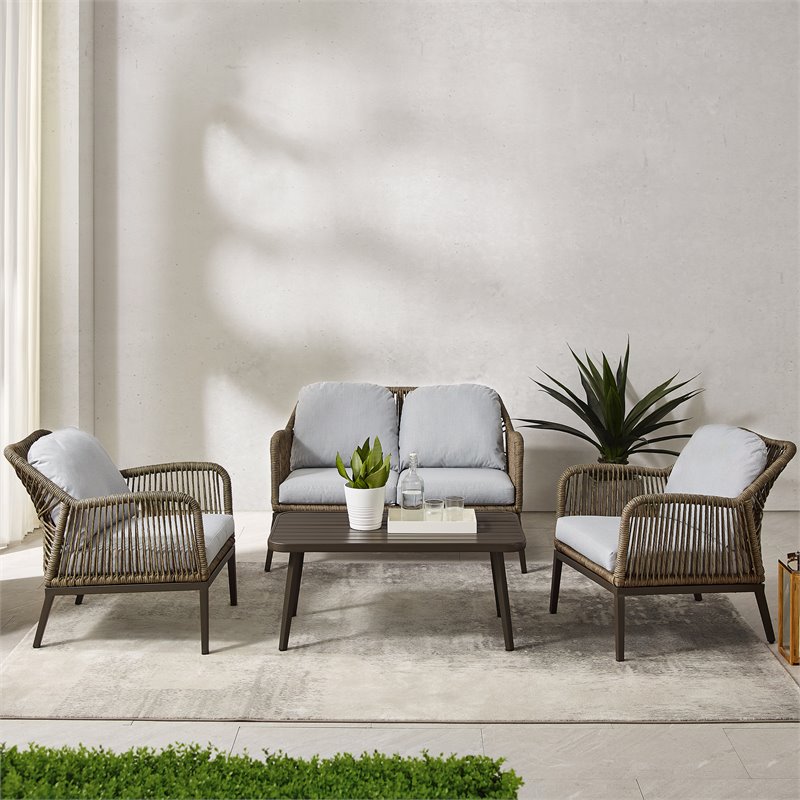 Afuera Living Transitional 4Pc Outdoor Wicker Conversation Set in Gray & Brown