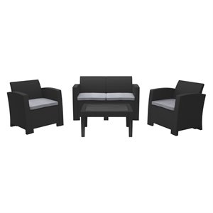 afuera living 4 piece all-weather black wicker/rattan set with grey cushions