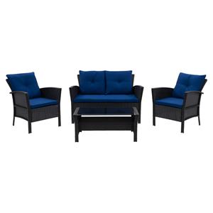 afuera living 4 piece wicker/rattan patio set with navy blue cushions