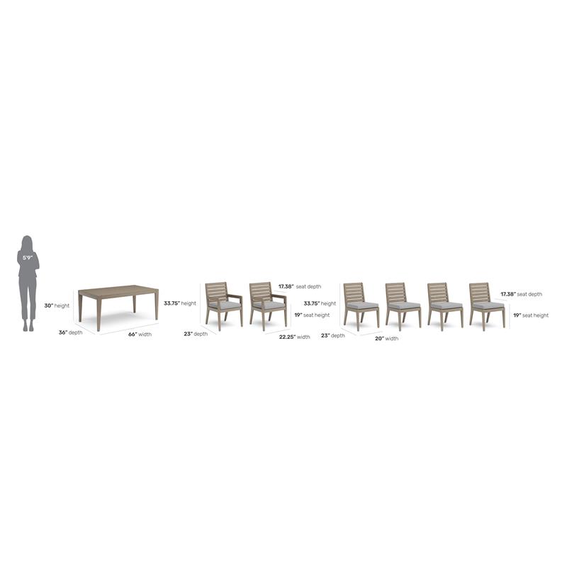 Afuera Living Transitional Wood Outdoor Dining Table and Six Chairs in Gray