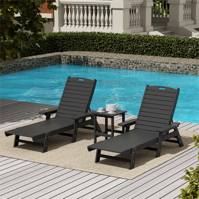 Afuera Living Outdoor 3PC HDPE Plastic Reclining Chaise Lounge/Table Set in Gray