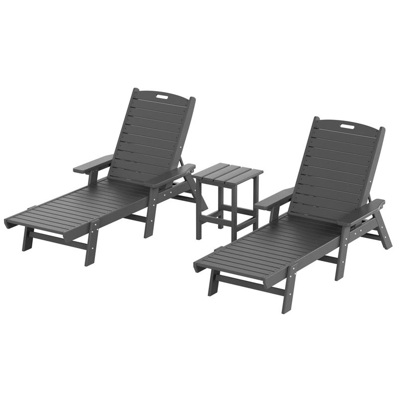 Afuera Living Outdoor 3PC HDPE Plastic Reclining Chaise Lounge/Table Set in Gray