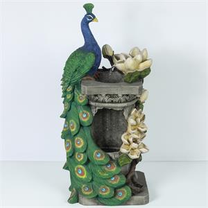 afuera living resin peacock outdoor fountain with lights in blue and green