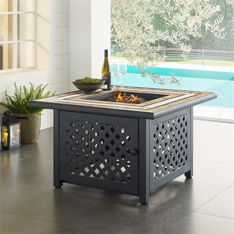 Afuera Living Square Traditional Metal/Tile Patio Fire Pit in Brown/Black