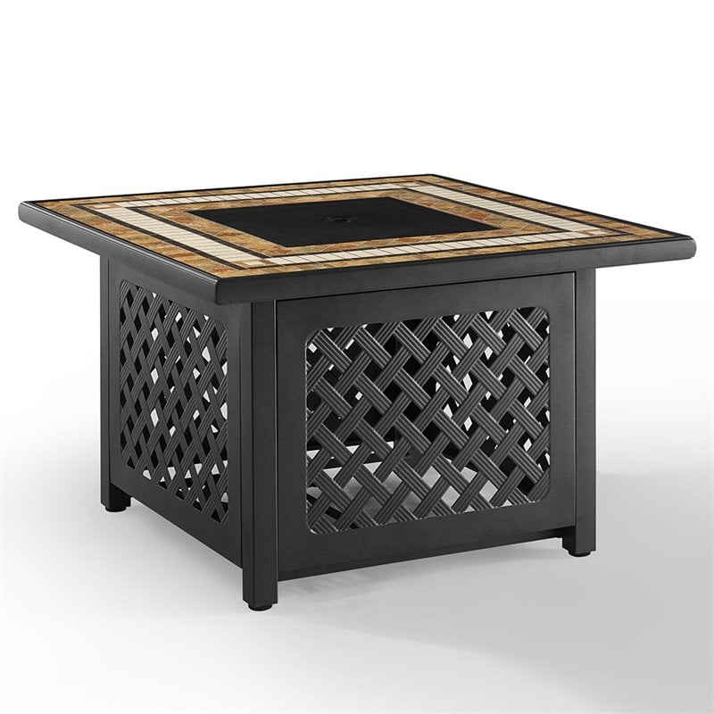 Afuera Living Square Traditional Metal/Tile Patio Fire Pit in Brown/Black