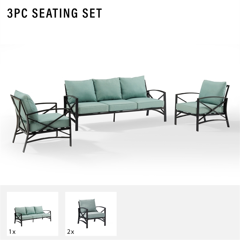 Afuera Living 3-Piece Metal/Polyester Outdoor Sofa Set in Mist Green/Bronze