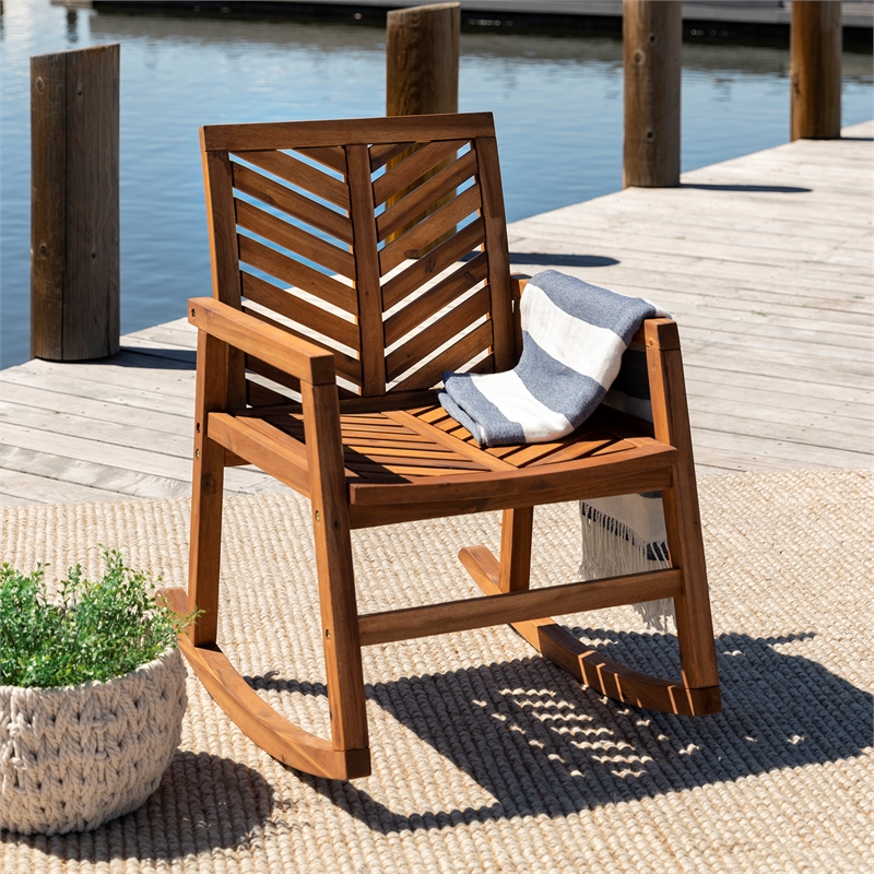 Afuera Living Outdoor Wood Patio Chevron Rocker in Brown Finish