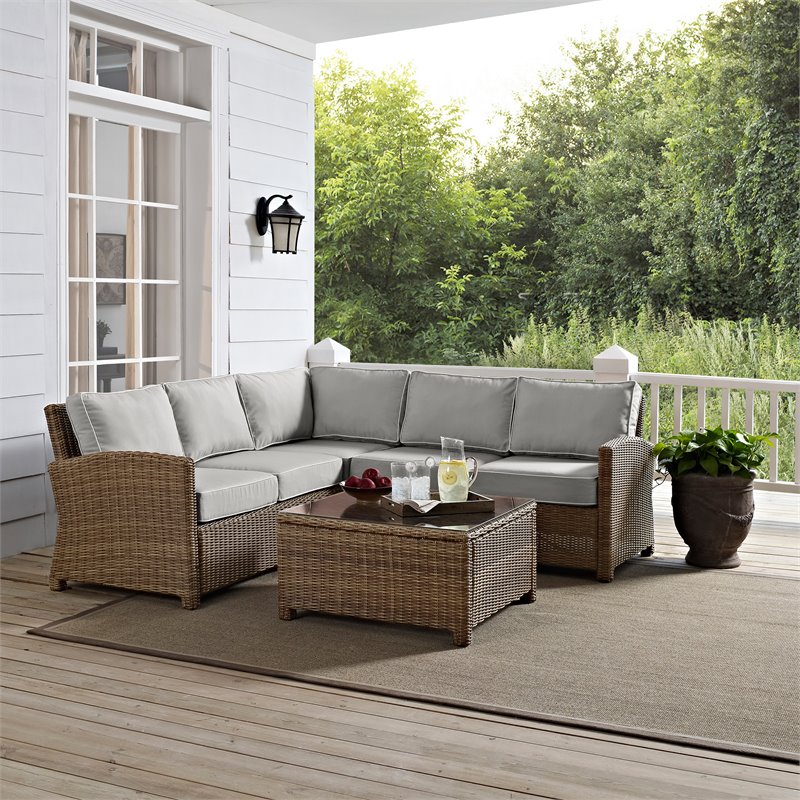 Afuera Living 4-PC Wicker / Rattan & Fabric Outdoor Sectional Set in Gray/Brown