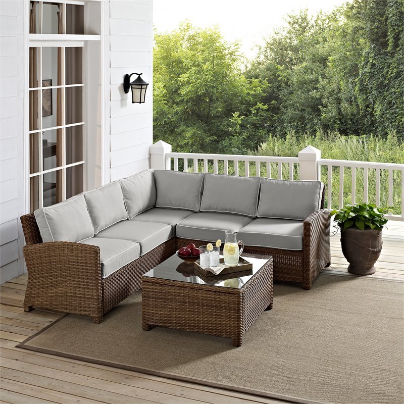 Afuera Living 4-PC Wicker / Rattan & Fabric Outdoor Sectional Set in Gray/Brown