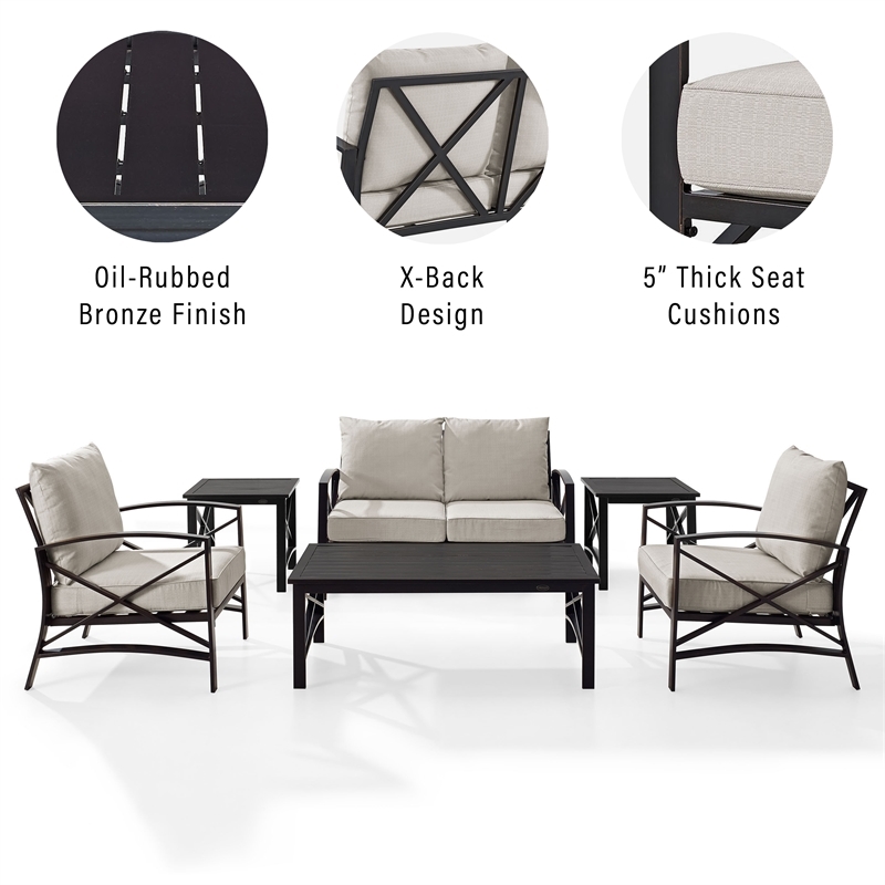 Afuera Living 6-Piece Metal/Fabric Sofa Set in Oatmeal/Oil Rubbed Bronze