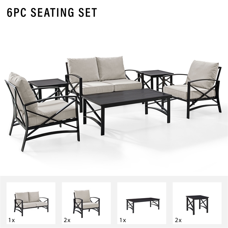 Afuera Living 6-Piece Metal/Fabric Sofa Set in Oatmeal/Oil Rubbed Bronze