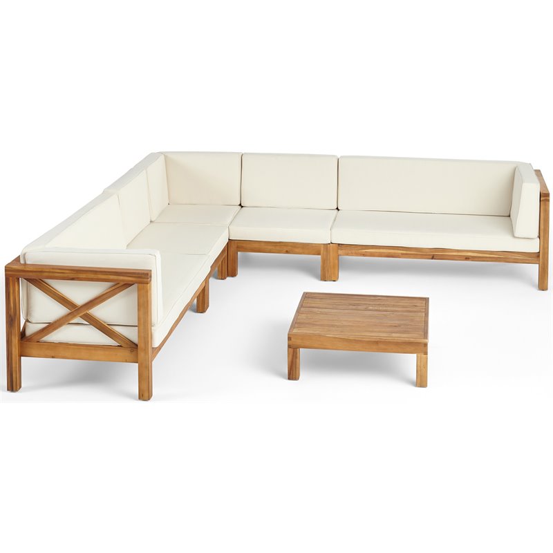 Afuera Living Outdoor 7 Seater Acacia Wood Sectional Sofa Set Teak and Beige