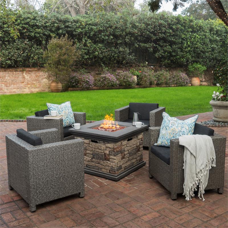 Afuera Living Outdoor 4 Pc Mixed Black Club Chair Set w/ Firepit