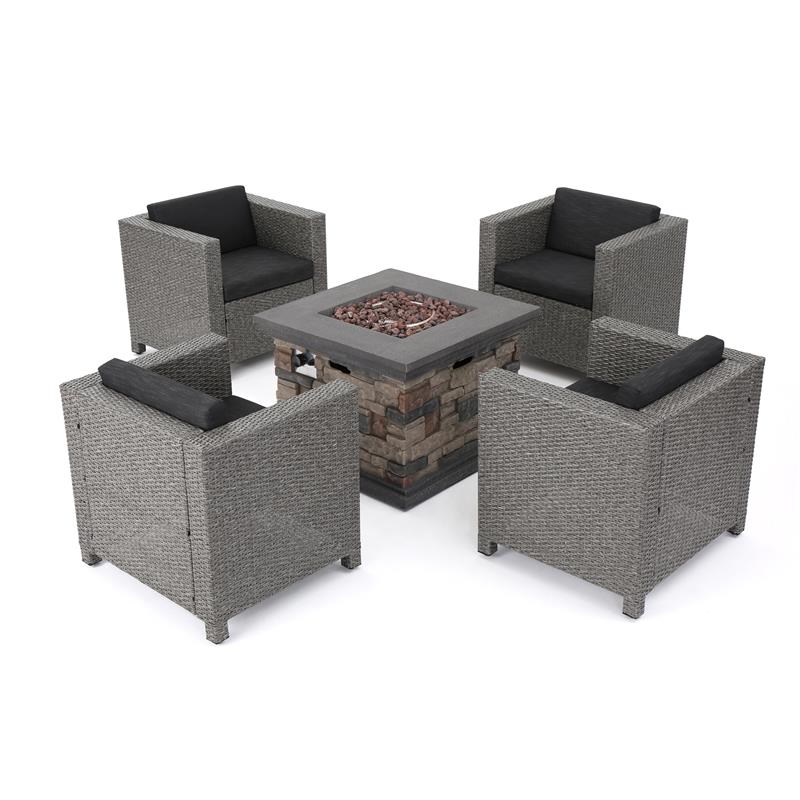 Afuera Living Outdoor 4 Pc Mixed Black Club Chair Set w/ Firepit