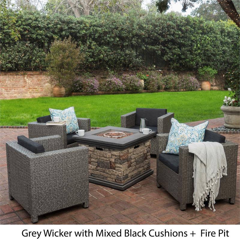 Afuera Living Outdoor 4 Pc Mixed Black Club Chair Set w/ Firepit