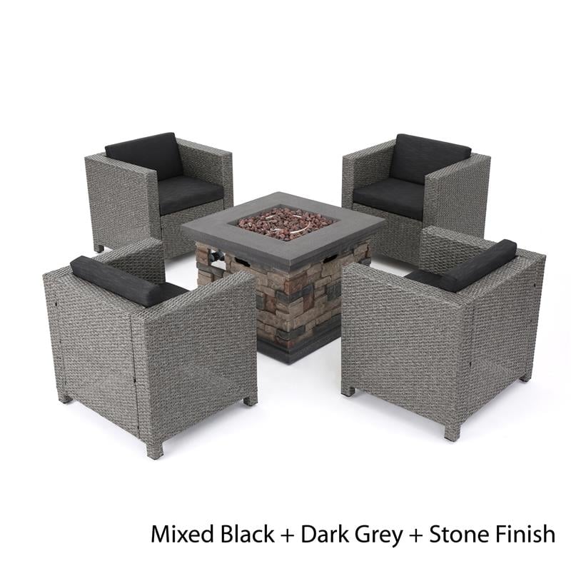 Afuera Living Outdoor 4 Pc Mixed Black Club Chair Set w/ Firepit