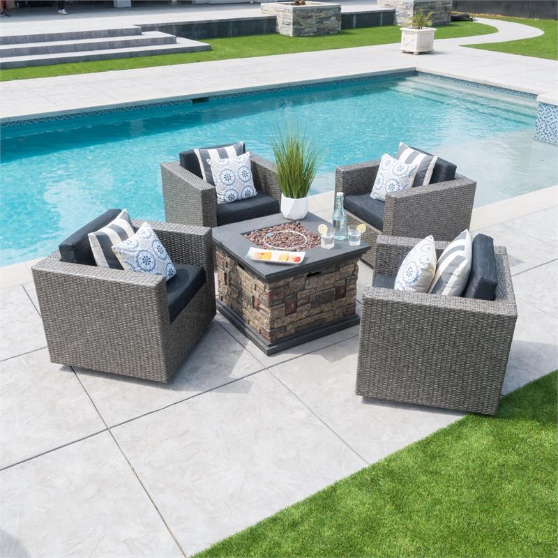 Afuera Living Outdoor 4 Pc Mixed Black Club Chair Set w/ Firepit