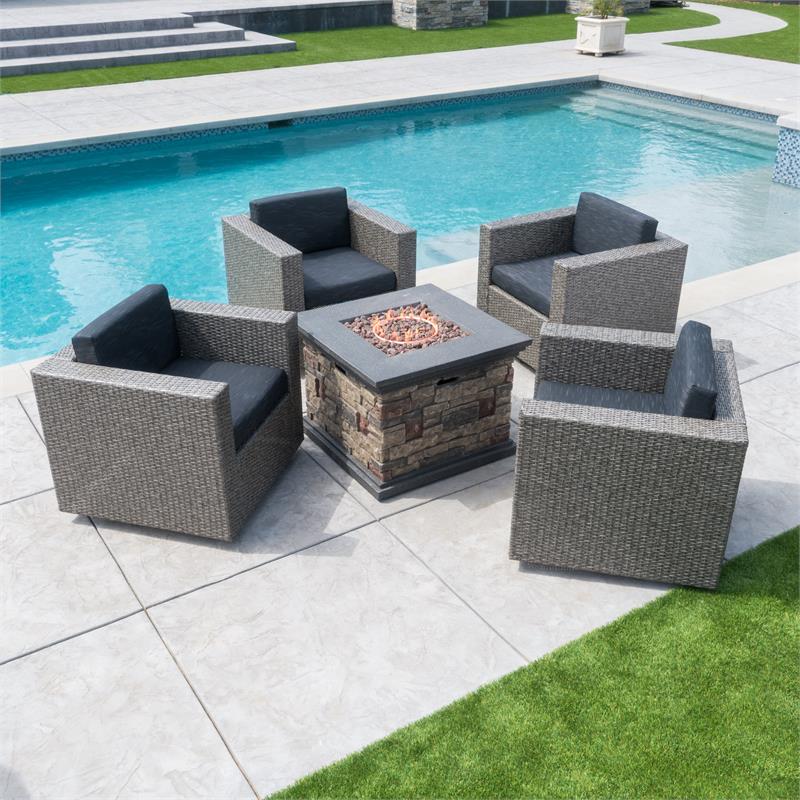 Afuera Living Outdoor 4 Pc Mixed Black Club Chair Set w/ Firepit