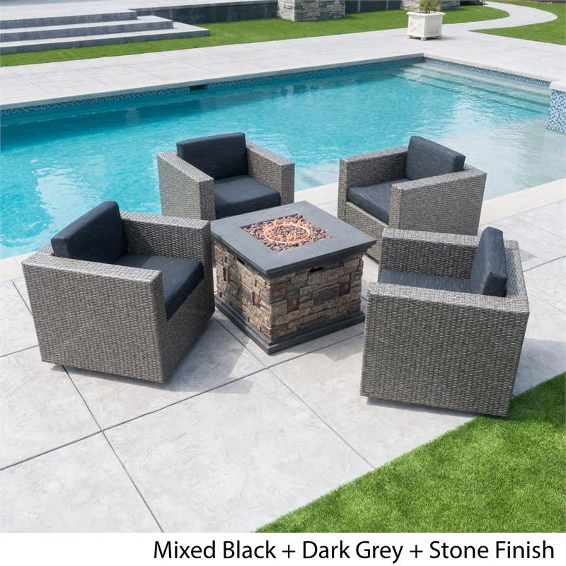 Afuera Living Outdoor 4 Pc Mixed Black Club Chair Set w/ Firepit