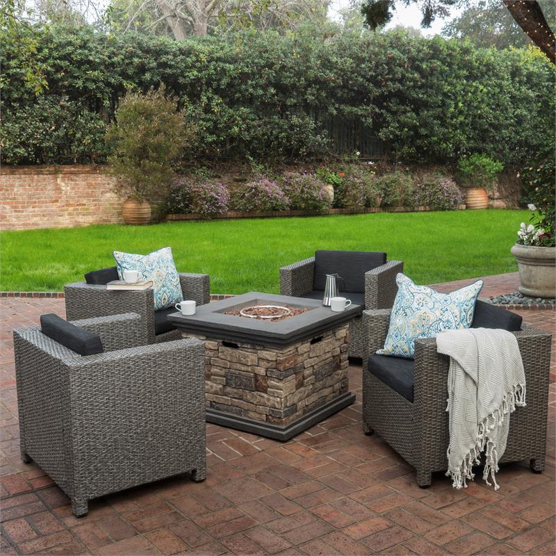 Afuera Living Outdoor 4 Pc Mixed Black Club Chair Set w/ Firepit