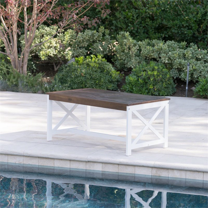 Afuera Living Contemporary Outdoor Acacia Wood Coffee Table in Brown/White