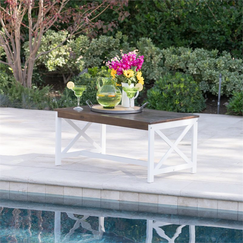 Afuera Living Contemporary Outdoor Acacia Wood Coffee Table in Brown/White