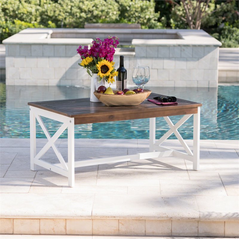 Afuera Living Contemporary Outdoor Acacia Wood Coffee Table in Brown/White
