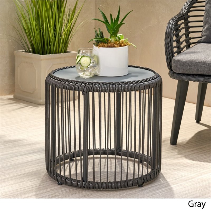 Afuera Living Outdoor Tempered Glass Top Wicker Side Table in Gray