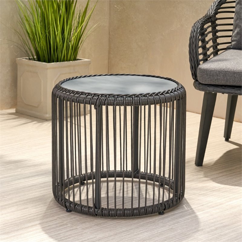 Afuera Living Outdoor Tempered Glass Top Wicker Side Table in Gray