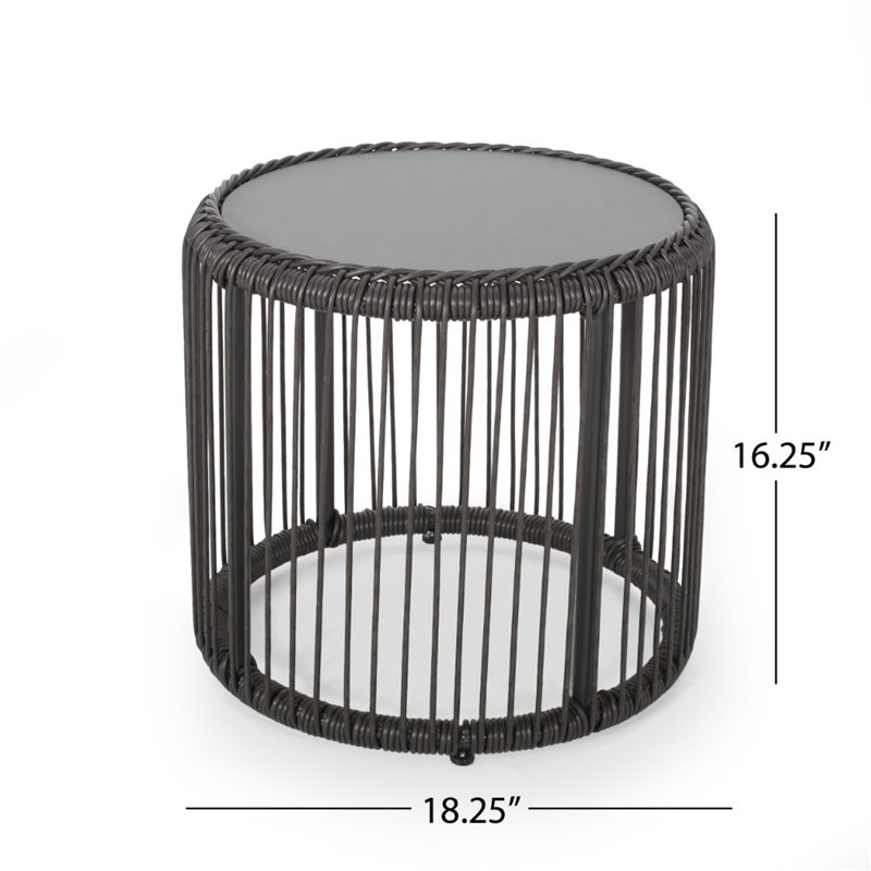 Afuera Living Outdoor Tempered Glass Top Wicker Side Table in Gray