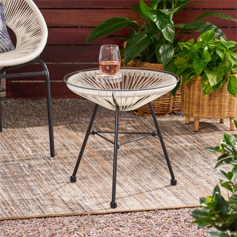 Afuera Living Outdoor Tempered Glass Top Faux Rattan Side Table in White