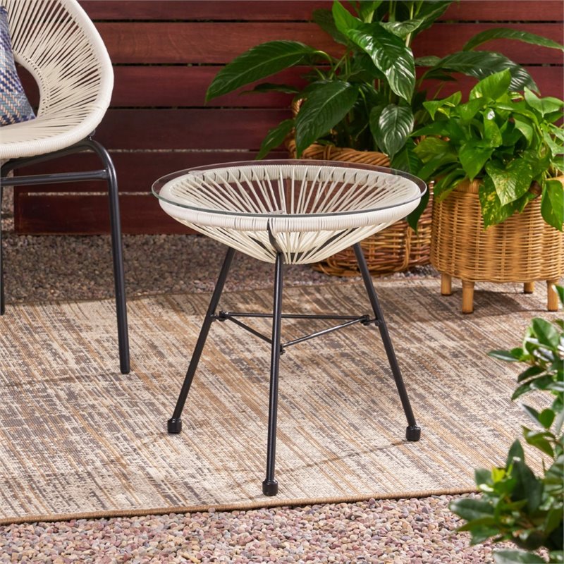 Afuera Living Outdoor Tempered Glass Top Faux Rattan Side Table in White