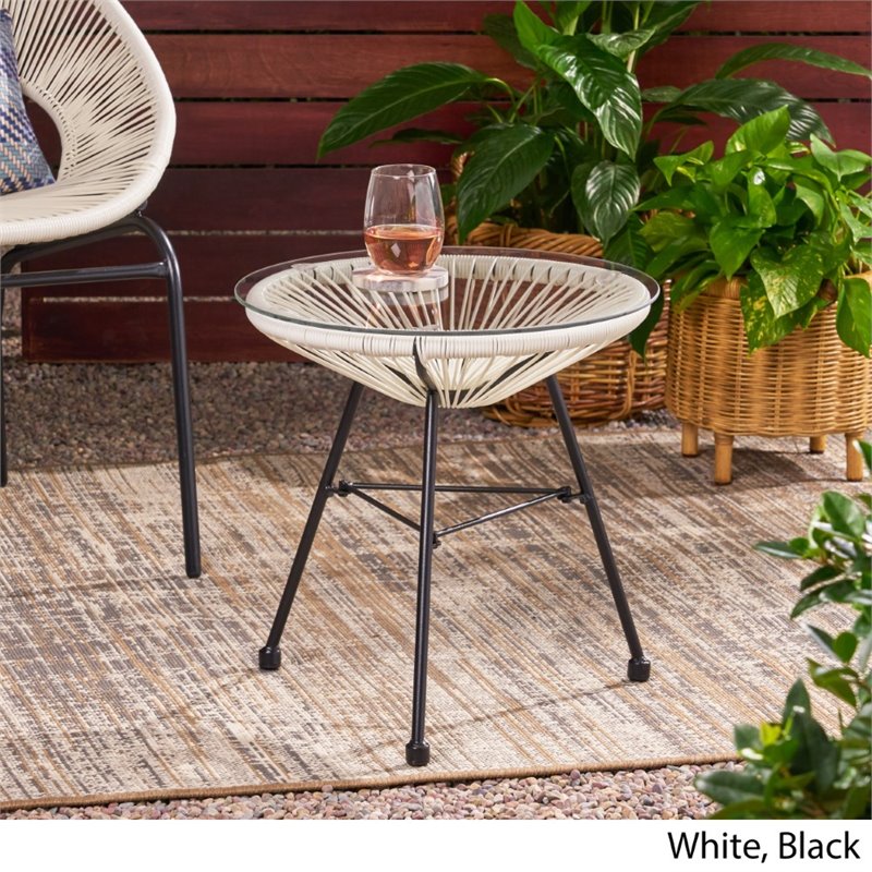 Afuera Living Outdoor Tempered Glass Top Faux Rattan Side Table in White