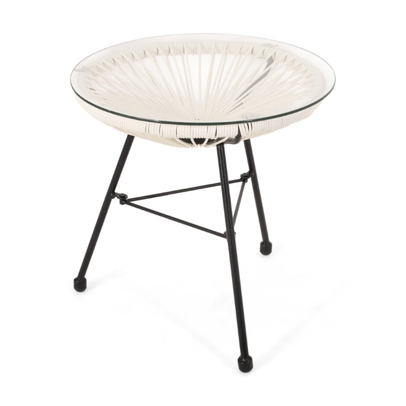 Afuera Living Outdoor Tempered Glass Top Faux Rattan Side Table in White