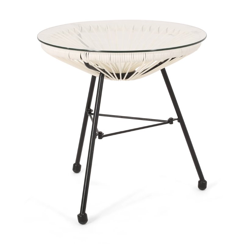 Afuera Living Outdoor Tempered Glass Top Faux Rattan Side Table in White