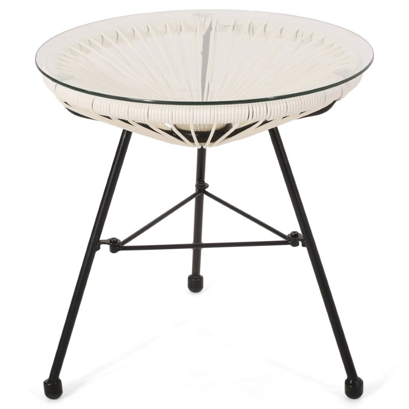 Afuera Living Outdoor Tempered Glass Top Faux Rattan Side Table in White